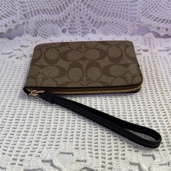 Coach Wristlet Signature Canvas Corner Zip Gold Logo Brown & Tan w/Stripe 58035 - Picture 12 of 12